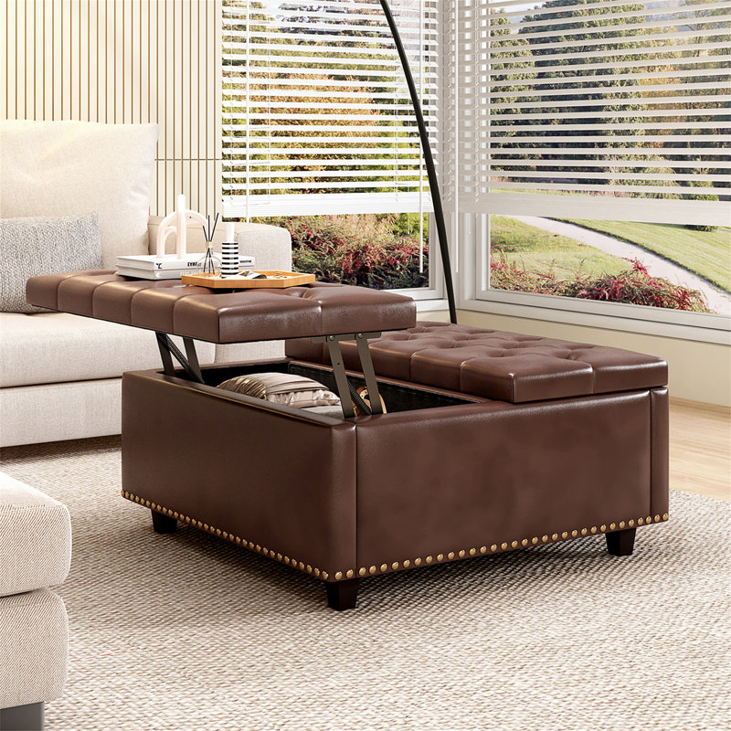Large Square Storage Stool With Two Storage Doors Footstool For Living Room Mid Century Modern Coffee Table With Nailhead Inlay Brown PU Leather